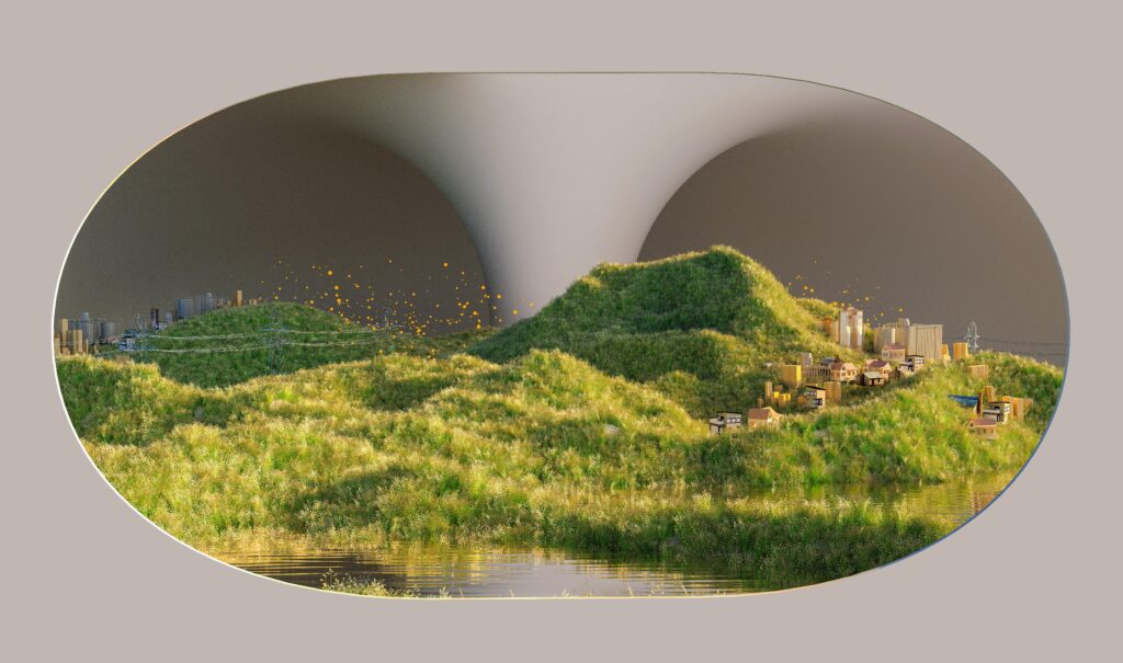 pexels-photo-17485609-17485609 Surreal AI-rendered landscape blending nature with modern city elements.